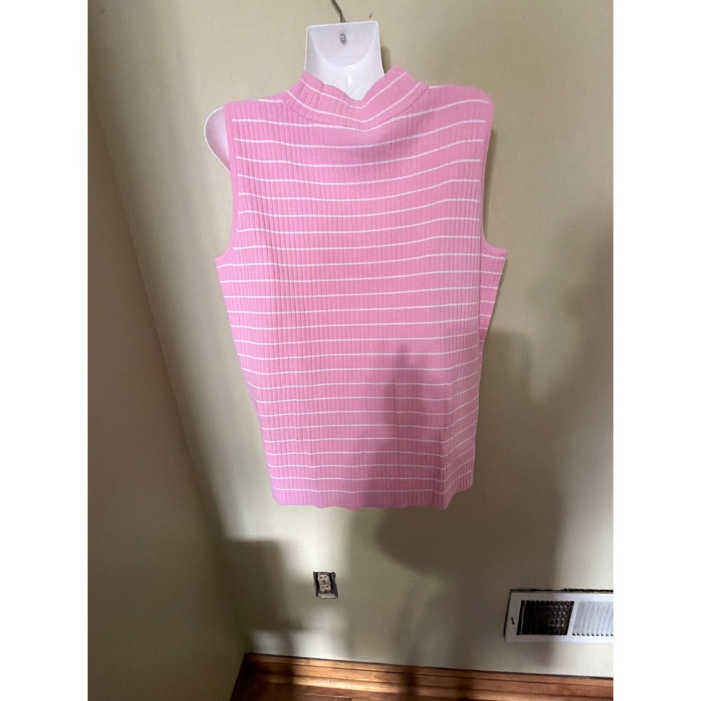 Talbots Plus Pink Shirt 1X White Striped Sleeveless Mock Neck Button Shoulder - Picture 7 of 9
